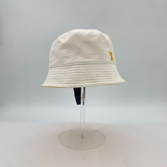 Louis Vuitton Reversible Bucket Hat White/Yellow Cotton Branded Logo Design 60cm - Picture 1 of 9